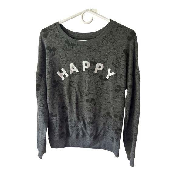 Disney Mickey Mouse “Happy” Sweatshirt Women’s Medium Gray Pullover Crewneck - Picture 1 of 3